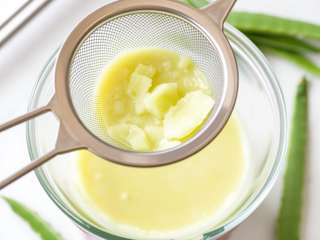 Filtrowanie soku z aloesu przez sitko - jak przygotować aloes do picia