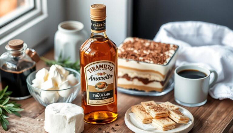 Butelka amaretto obok składników do tiramisu - mascarpone, kawy i biszkoptów