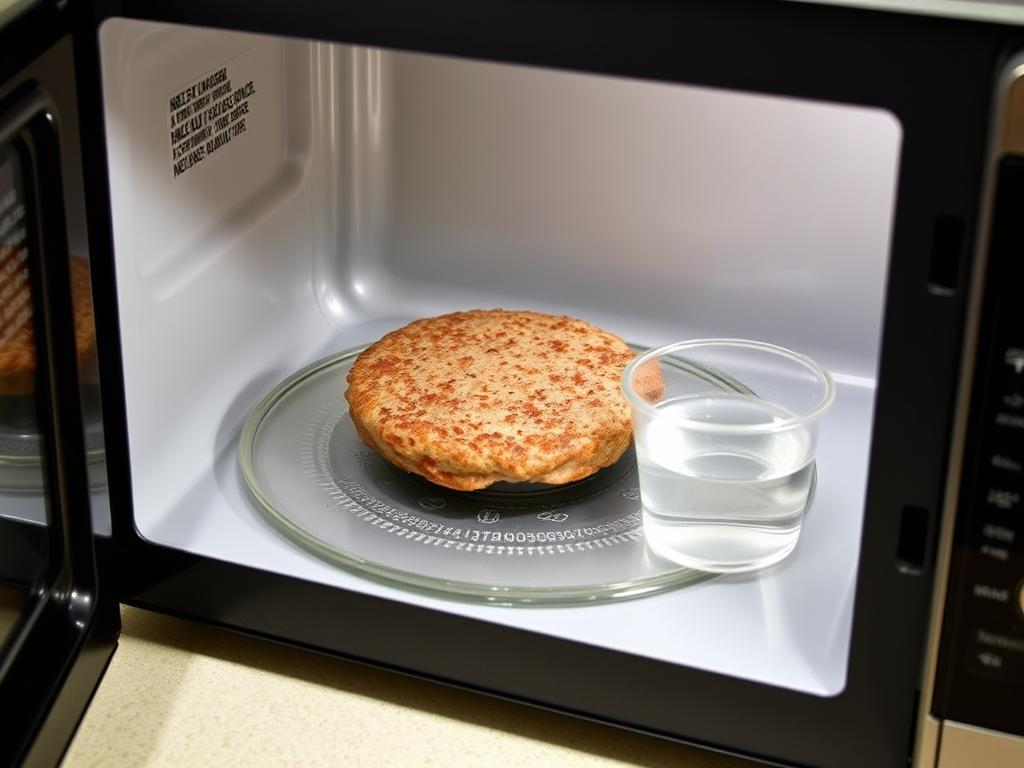 Hamburger podgrzewany w mikrofali z małym naczynkiem z wodą obok