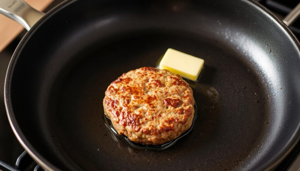 Kotlet hamburgerowy podgrzewany na patelni z dodatkiem masła