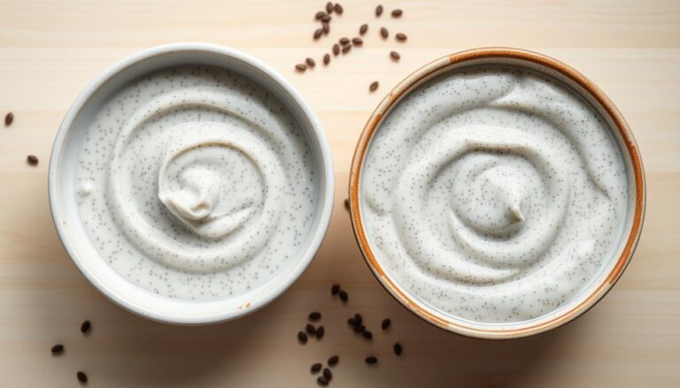 Pudding chia o idealnej konsystencji obok rzadkiego puddingu, pokazujący czemu pudding chia nie gęstnieje