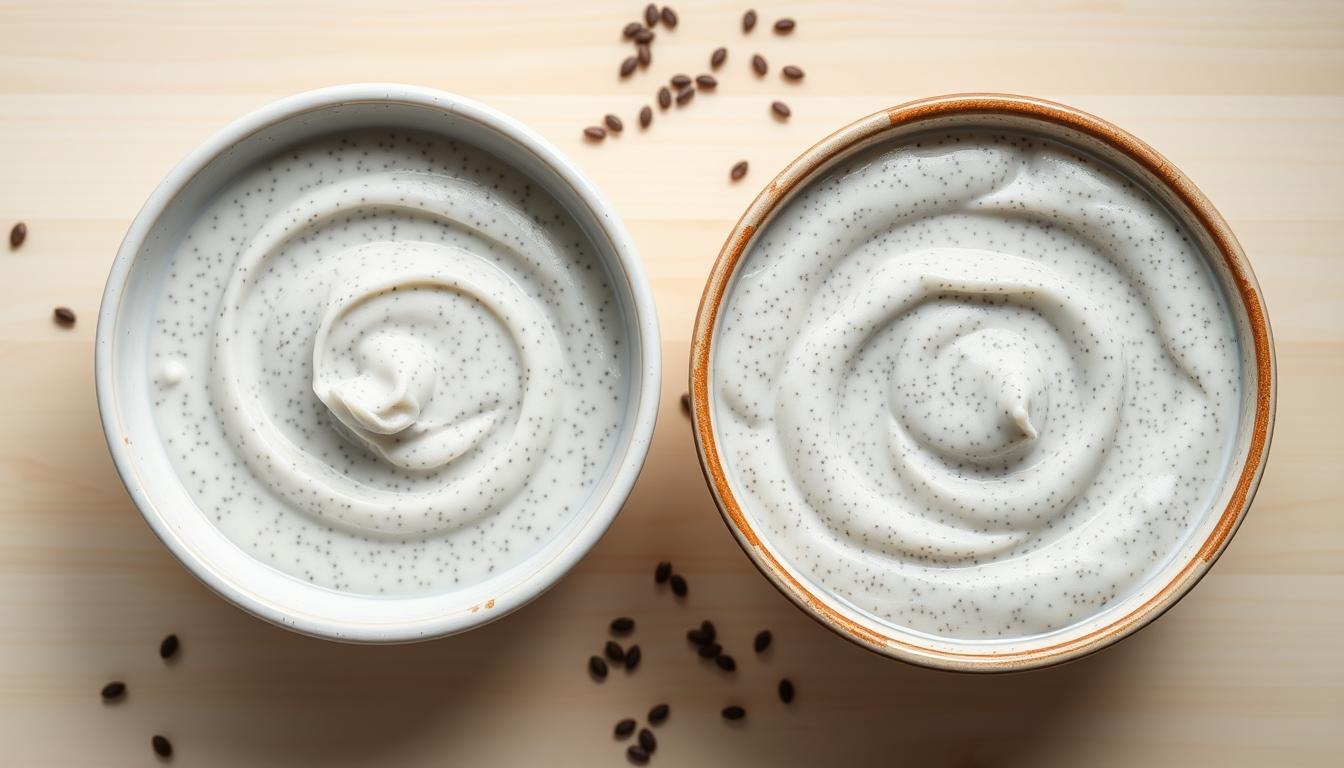 Pudding chia o idealnej konsystencji obok rzadkiego puddingu, pokazujący czemu pudding chia nie gęstnieje