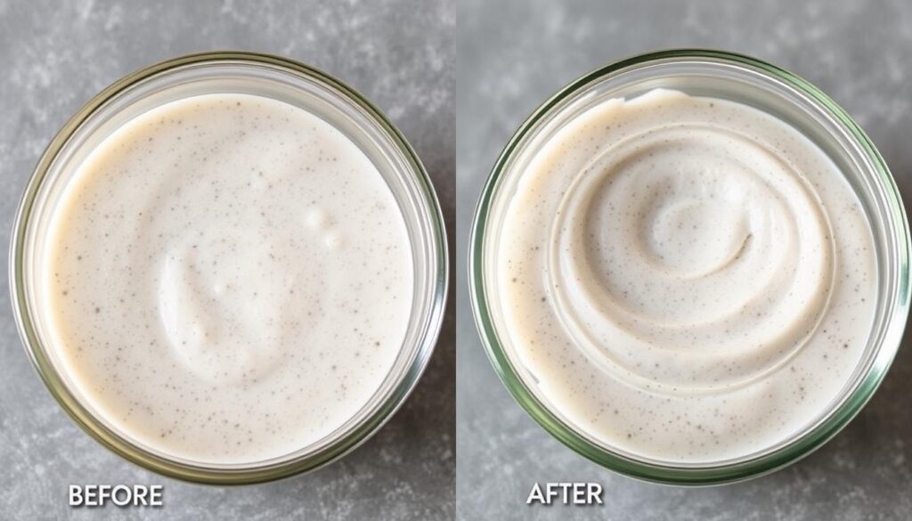 Pudding chia przed i po zastosowaniu technik ratunkowych, pokazujący jak rozwiązać problem gdy pudding chia nie zgestnial