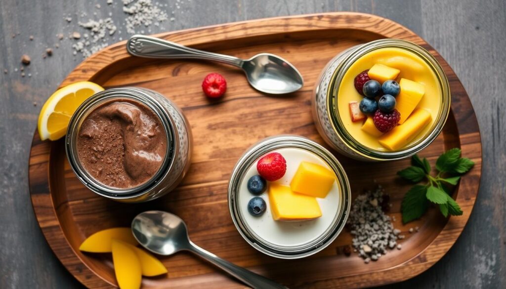 Pudding chia w różnych wariantach smakowych pokazujący idealną konsystencję