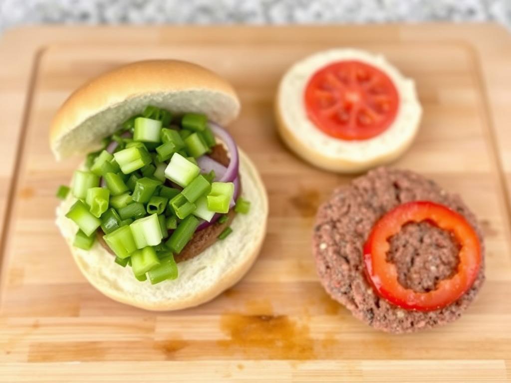 Rozłożony hamburger przygotowany do podgrzewania - oddzielone składniki: bułka, kotlet i dodatki