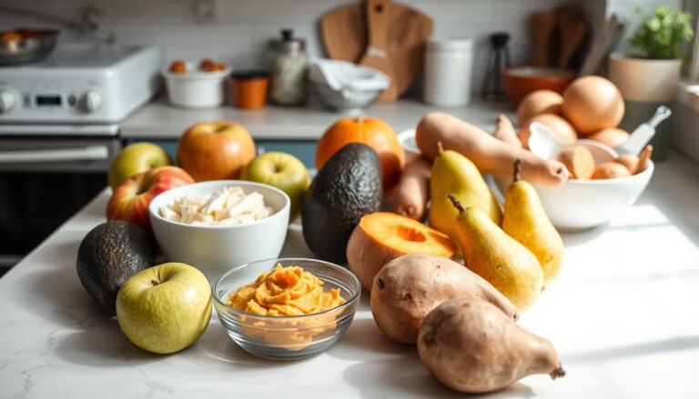 Różne owoce jako zamienniki banana ułożone na stole kuchennym