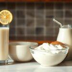 Różne zamienniki maślanki ustawione na kuchennym blacie - mleko z cytryną, jogurt naturalny i inne alternatywy