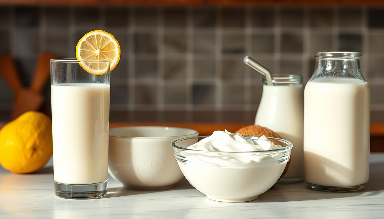 Różne zamienniki maślanki ustawione na kuchennym blacie - mleko z cytryną, jogurt naturalny i inne alternatywy