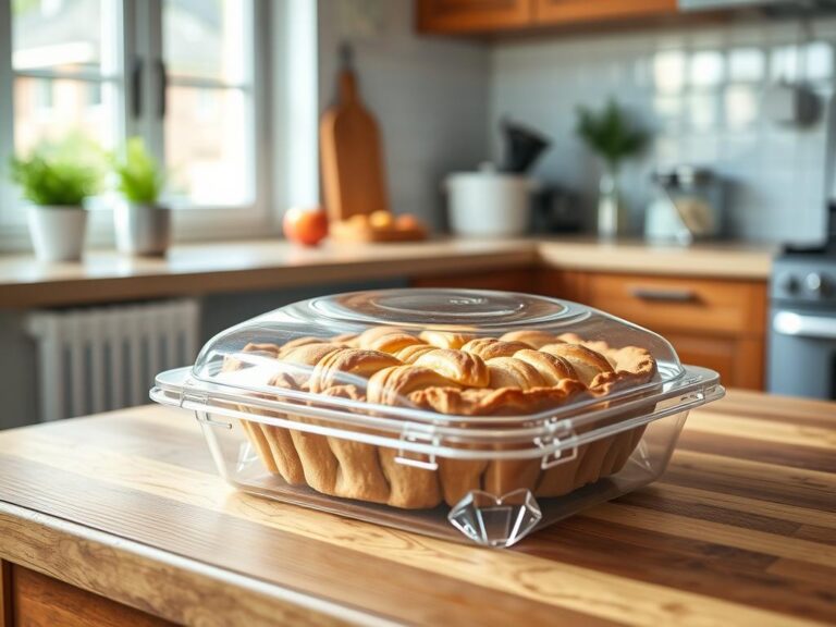 Świeżo upieczona szarlotka przykryta szczelnym pojemnikiem na blacie kuchennym