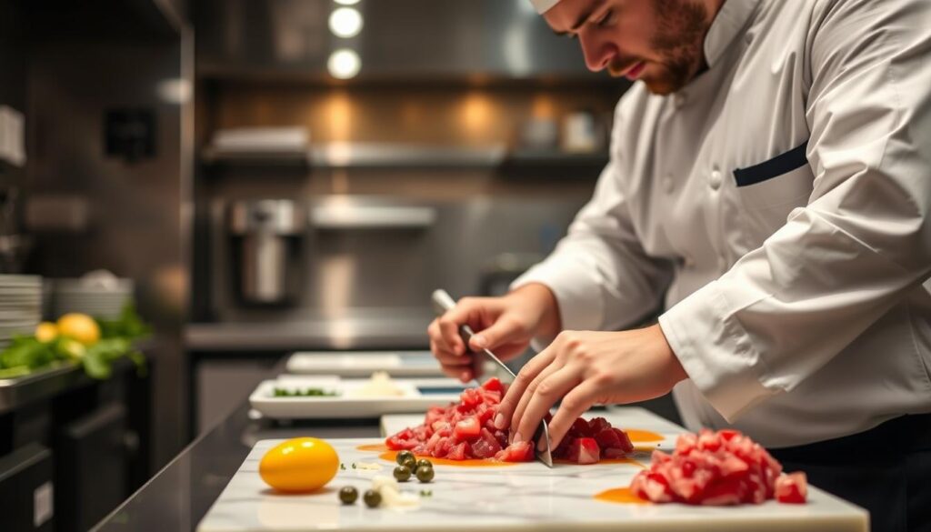 Szef kuchni przygotowujący tatara w restauracji