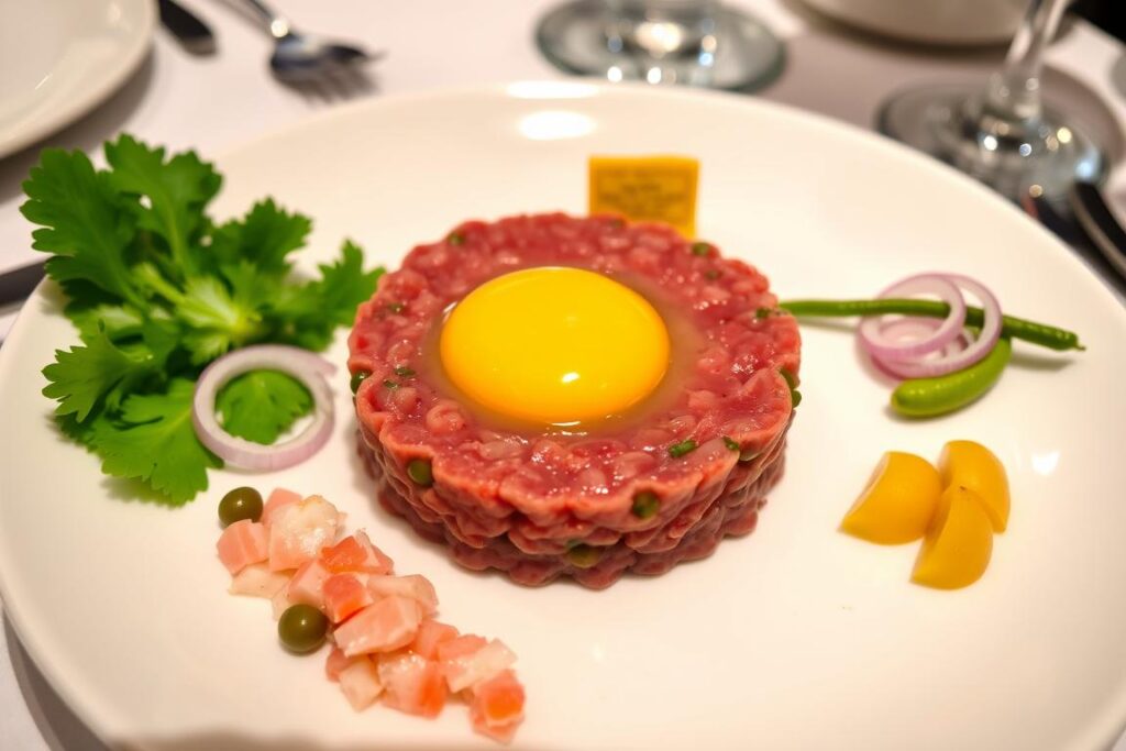 Tatar z jajkiem podany w restauracji z żółtkiem na wierzchu