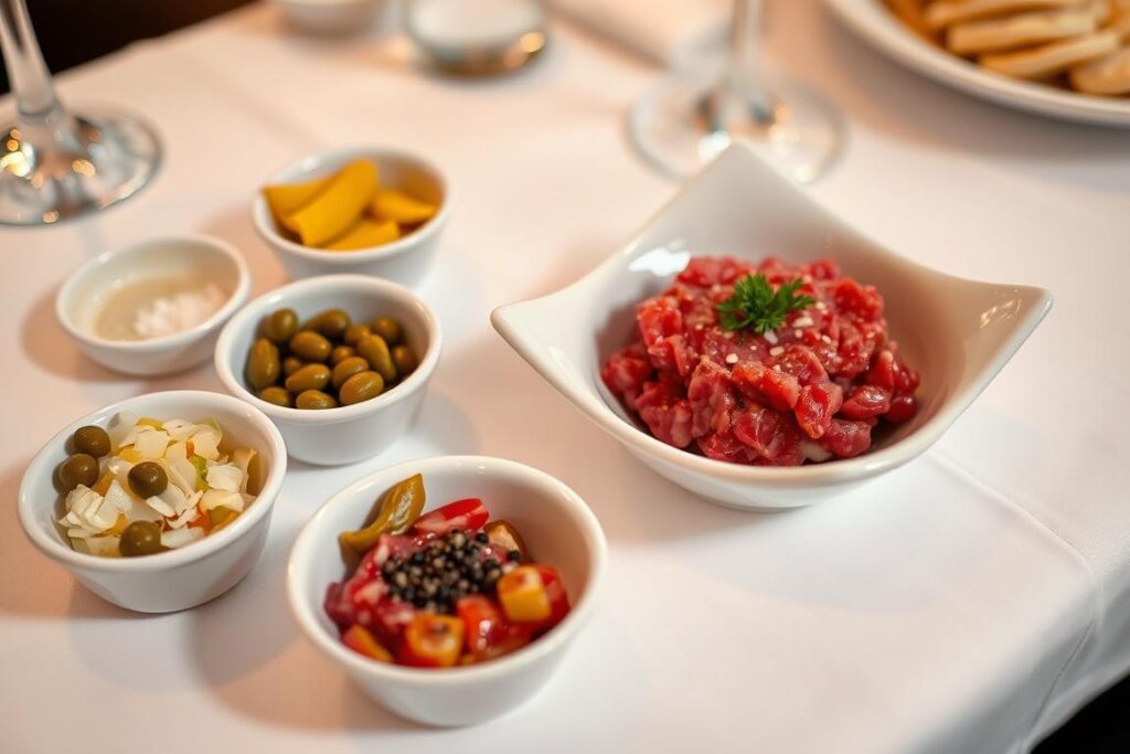Tradycyjne dodatki do tatara elegancko podane w restauracji