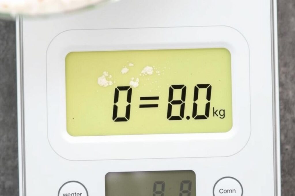 Cyfrowa waga kuchenna pokazująca przeliczanie między kilogramami a gramami Cyfrowa waga kuchenna pokazująca przeliczanie między kilogramami a gramami