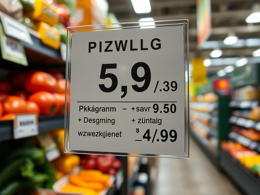 Etykieta cenowa w sklepie pokazująca cenę za kilogram i przeliczenie na dekagramy
