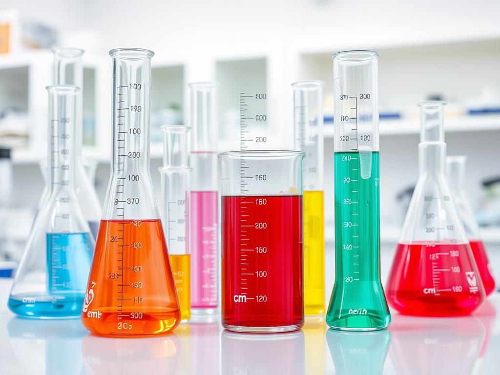 Laboratorium chemiczne z menzurkami i cylindrami miarowymi z podziałką w cm3 i litrach