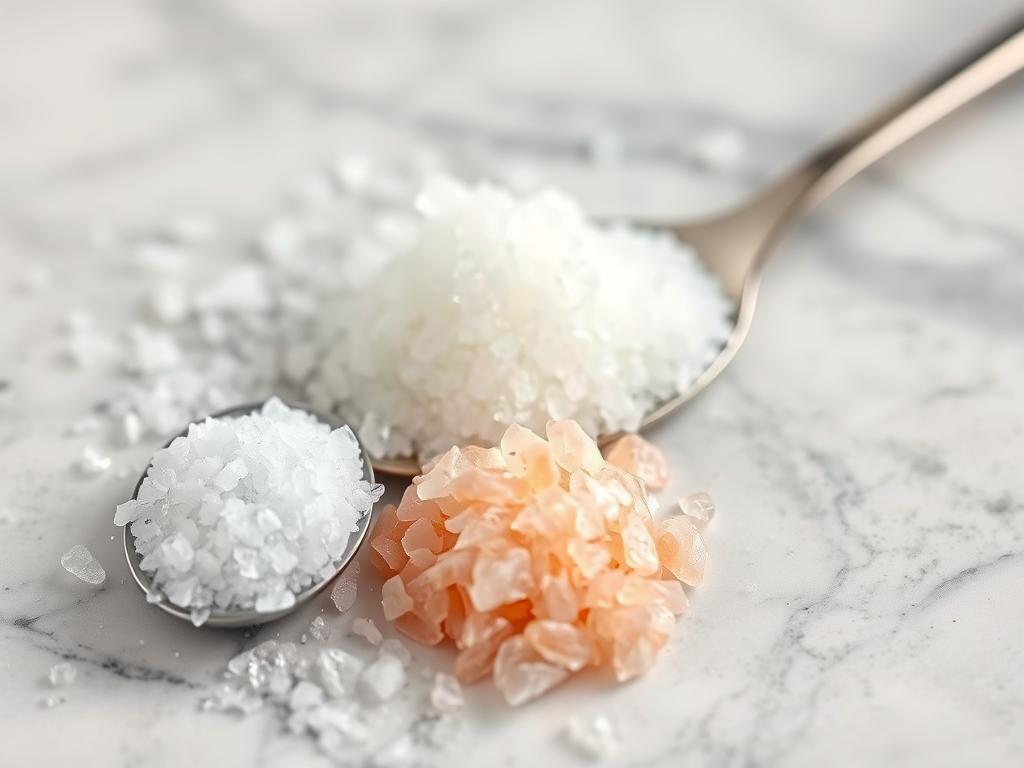 Łyżeczka soli kuchennej obok kryształków soli morskiej i himalajskiej