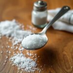 Łyżka i łyżeczka napełnione solą kuchenną na drewnianym stole