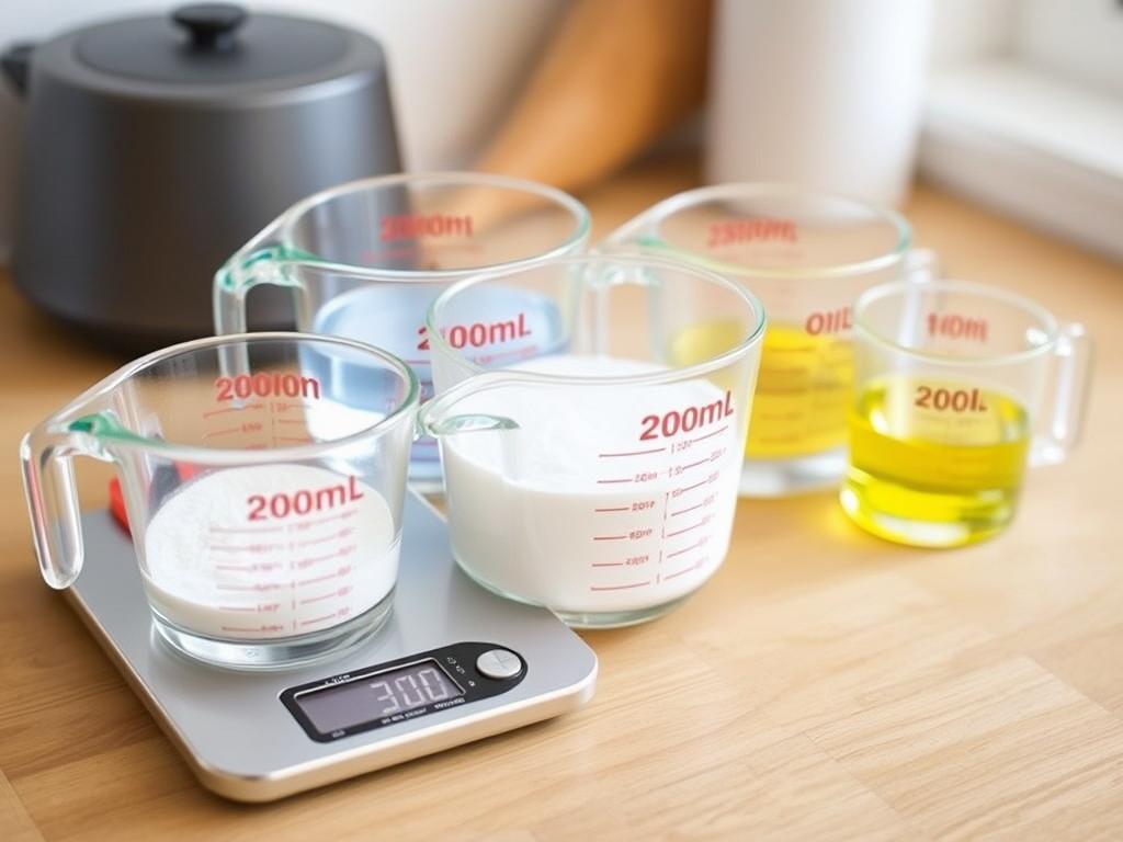 Miarki kuchenne z różnymi produktami o objętości 200 ml