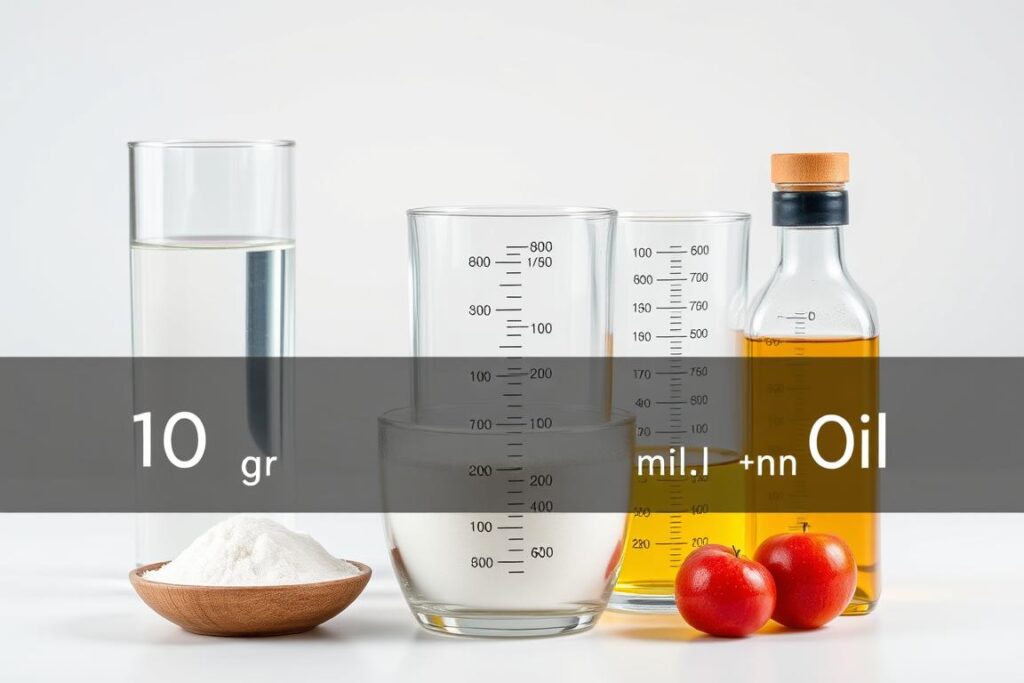 Różne produkty spożywcze pokazujące relację między 100 gramami a objętością w mililitrach