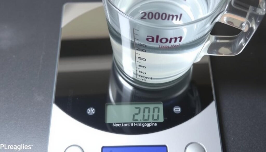 Waga kuchenna z miarką 200 ml wody pokazująca 200 gramów