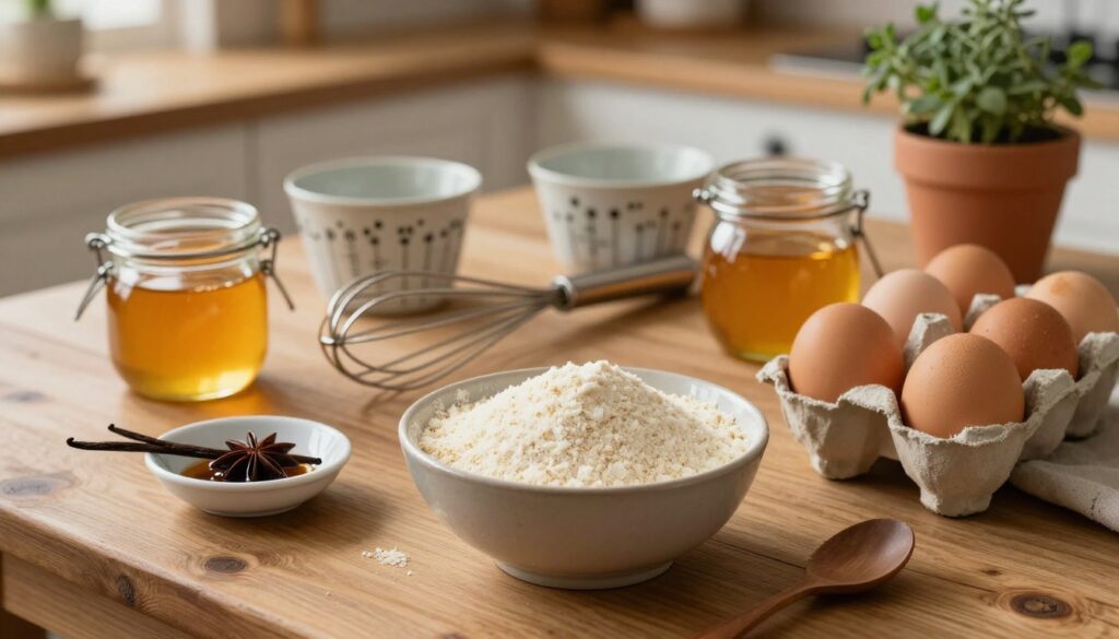 A beautifully arranged collection of ingredients for a creamy Semolina cake, laid out on a rustic wooden table. In the foreground, a bowl of fine semolina flour is surrounded by fresh eggs, a glass jar of honey, and a small dish of vanilla extract. In the middle, a vintage whisk and measuring cups create a sense of preparation. Soft natural light illuminates the scene, casting gentle shadows, enhancing the textures of the ingredients. The background features blurred hints of a cozy kitchen, with the warmth of wooden details and herbs in earthenware pots. The mood is inviting and homely, evoking the comfort of baking a cherished family dessert.