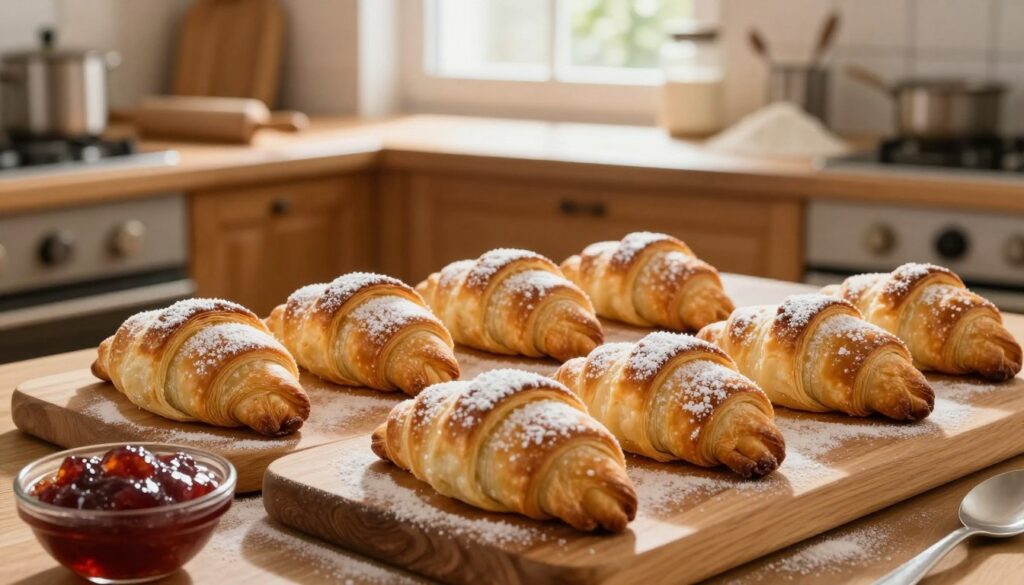A beautifully arranged display of freshly baked rogaliki, featuring the signature curved crescent shape and a golden-brown, flaky exterior. In the foreground, a wooden cutting board holds a few rogaliki sprinkled with powdered sugar, invitingly positioned beside a small bowl of fruit jam. In the middle, a cozy kitchen scene is visible with warm wooden cabinets, soft natural light streaming in from a nearby window, illuminating the delicate pastries. The background includes a countertop cluttered with baking tools such as a rolling pin, flour, and measuring cups, evoking a homey baking atmosphere. The overall mood is warm and inviting, capturing the joy of baking and the tradition behind the rogaliki.