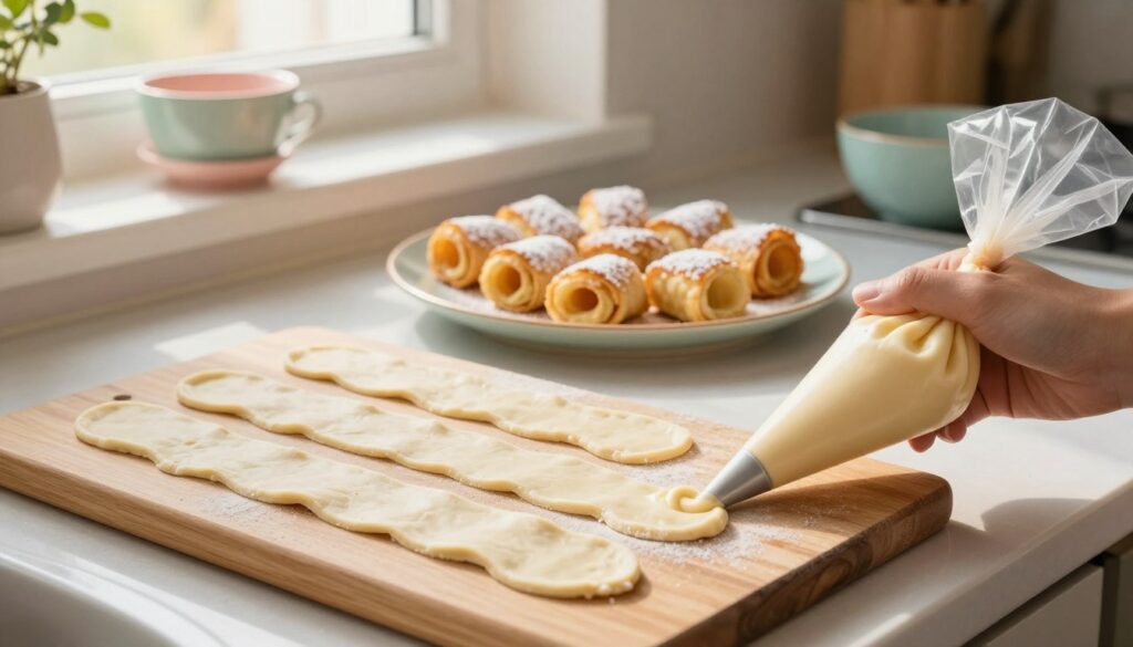 A beautifully arranged kitchen countertop showcasing step-by-step preparations for "Rurki z Kremem" pastries. In the foreground, a wooden cutting board holds rolled pastry dough, some cut into long strips, ready for baking. A piping bag filled with rich, creamy filling sits alongside. The middle ground features a freshly baked plate of golden, crispy pastry tubes, perfectly plated and decorated with a sprinkle of powdered sugar. In the background, warm sunlight filters through a window, illuminating the kitchen atmosphere, highlighting soft pastel colors of kitchenware. The scene is inspirational and inviting, capturing the joy of baking. The angle is slightly elevated, providing a focused view of the culinary process, emphasizing the artisanal detail in each step without any text or overlay.