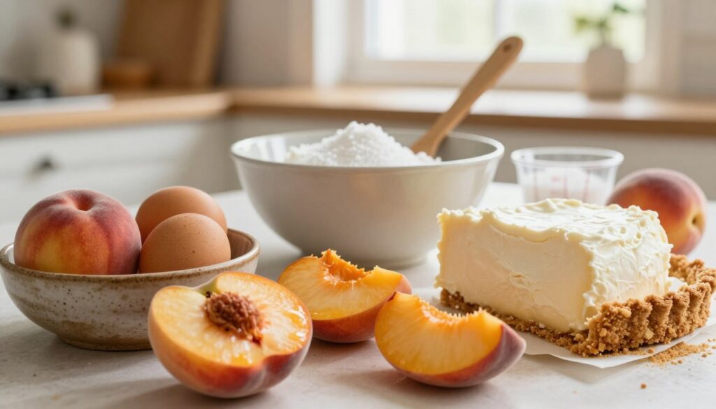 A beautifully arranged layout of the essential ingredients for the perfect Sernik z Brzoskwiniami, featuring fresh peaches, cream cheese, sugar, eggs, and a graham cracker crust. The foreground showcases the ingredients in vibrant colors, with the peaches sliced and glistening, surrounded by eggs in a rustic bowl and a block of cream cheese artfully placed. The middle ground includes a mixing bowl, spatula, and measuring cups in soft focus. The background is a warm kitchen scene with soft, natural lighting filtering through a window, creating a cozy atmosphere. The entire composition should evoke a feeling of homemade warmth and sweetness, inviting viewers into the process of baking this delightful dessert. The angle is slightly elevated, capturing the entire scene harmoniously without any text or distractions.