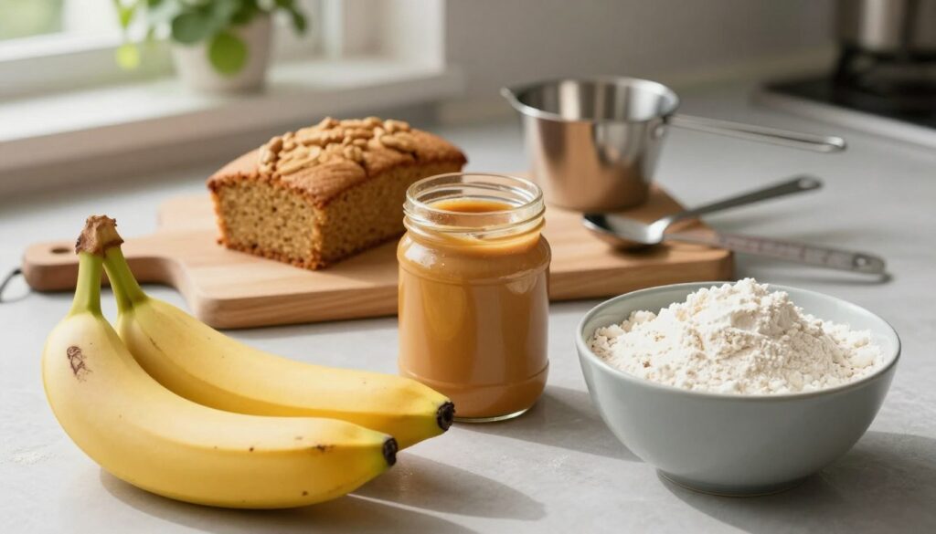 A beautifully arranged layout of three essential ingredients for a popular three-ingredient cake, which appeal to both novice and experienced bakers. In the foreground, perfectly ripe bananas, a clear jar of smooth peanut butter, and a bowl of all-purpose flour are displayed, emphasizing their textures and colors. The middle ground features a wooden cutting board and measuring tools like a measuring cup and spoons, symbolizing the simplicity of preparation. In the background, a softly lit kitchen setting with hints of greenery through a window creates a warm and inviting atmosphere, enhancing the mood of effortless baking. The lighting is natural and bright, casting gentle shadows that highlight the freshness of the ingredients, shot from a slightly elevated angle to offer a comprehensive view of the setup.