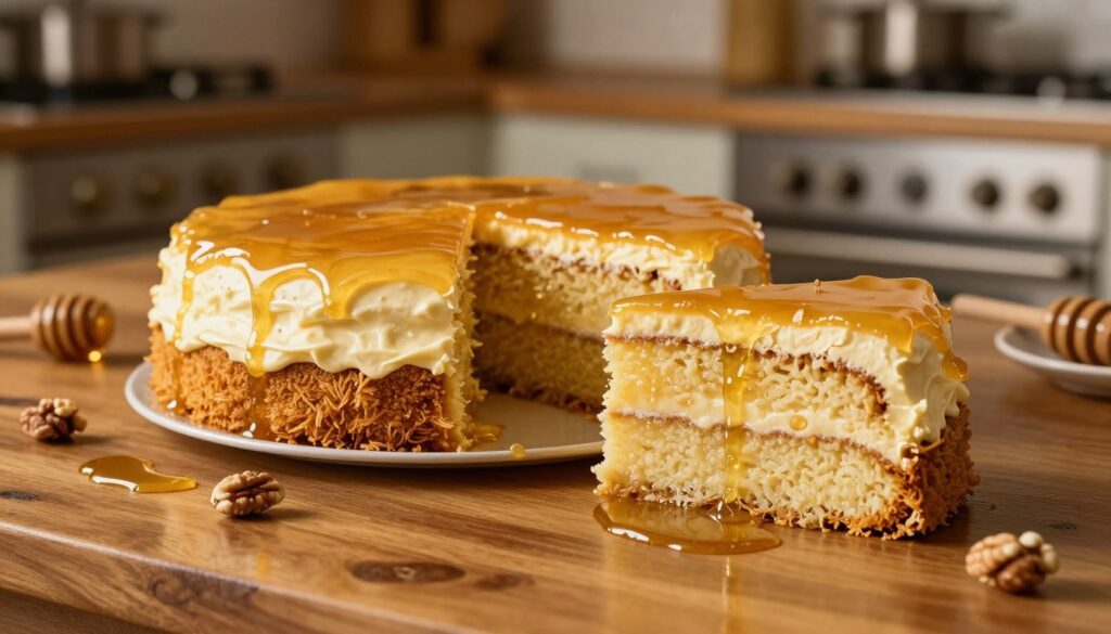 A beautifully arranged miodownik cake layered with creamy semolina filling, showcasing its rich honey glaze on top. In the foreground, a slice is elegantly cut, revealing the moist layers of cake and the delicate texture of the semolina. The middle ground features a stylized wooden table with a polished surface that reflects the warm golden tones of the cake. A few decorative honey drizzles and nuts are artfully scattered around the cake, enhancing its visual appeal. The background is softly blurred, suggesting a cozy kitchen filled with warm, ambient lighting, evoking a sense of home and comfort. The overall atmosphere is inviting and delicious, perfect for a dessert-themed article.