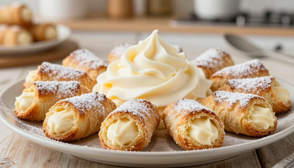 A beautifully arranged plate of "krem rurek," showcasing delicate cream-filled pastry tubes. In the foreground, several golden-brown rurek sit elegantly, dusted with powdered sugar, their flaky layers visible. The middle ground features a luxurious swirl of rich, smooth cream, demonstrating its perfect consistency, with a few rurek cut open to reveal the luscious filling. In the background, a soft-focus kitchen scene is illuminated by warm, natural light, enhancing the inviting atmosphere. A hint of rustic wooden texture adds warmth and authenticity. The composition is inviting and deliciously enticing, capturing the essence of a homemade treat perfect for any dessert lover.