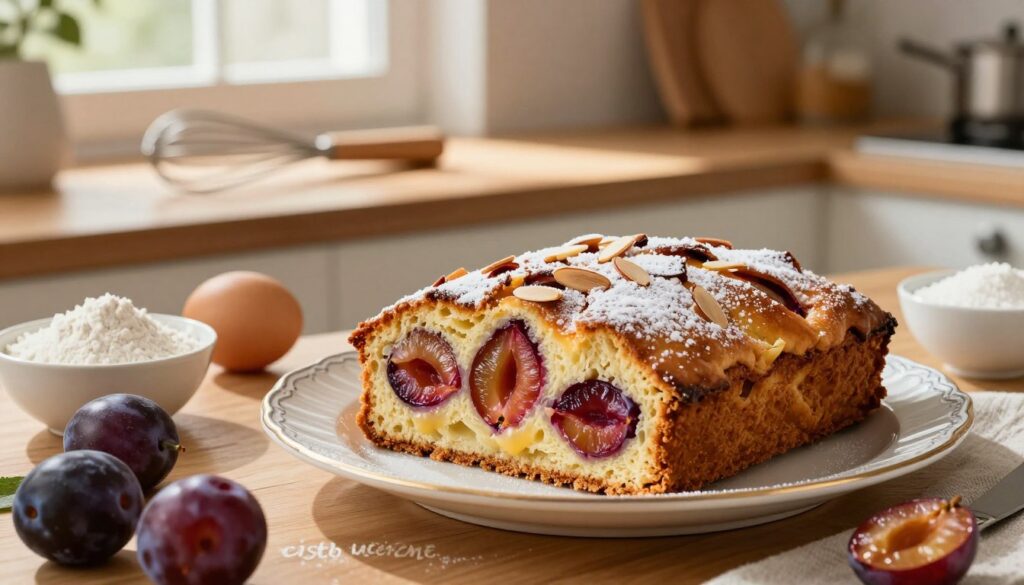 A beautifully arranged scene featuring a sliced almond and plum cake, known as "ciasto ucierane," displayed on an elegant porcelain plate. In the foreground, the cake showcases its soft, buttery texture with plump, juicy plums peeking through the golden crust, glistening with a light dusting of powdered sugar. Beside the cake, there are fresh plums and a small bowl of ingredients like flour, eggs, and sugar for an inviting touch. In the middle background, a wooden kitchen countertop is adorned with baking utensils like whisks and measuring cups, hinting at the baking process. Soft, natural light streams in from a nearby window, creating a warm and cozy atmosphere. The overall mood is inviting and homely, perfect for showcasing a beloved dessert.