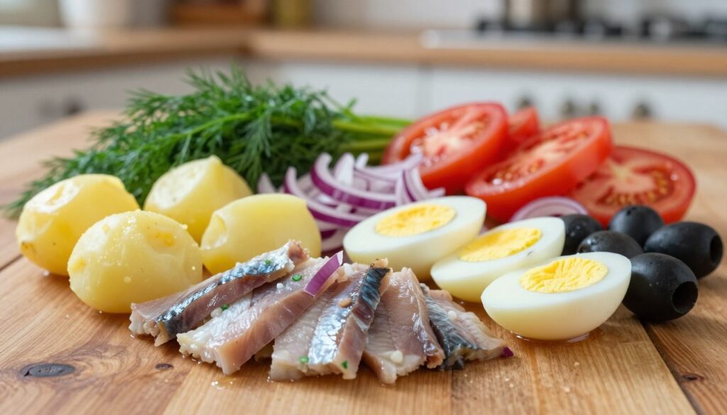A beautifully arranged selection of ingredients for a traditional herring salad with potatoes, displayed on a rustic wooden table. In the foreground, vibrant slices of pickled herring glisten, accompanied by boiled, diced potatoes, bright yellow eggs, and finely chopped red onions. The middle ground features fresh, green dill and slices of juicy tomatoes, while a few scattered black olives add contrast. The background is softly blurred, hinting at a cozy kitchen environment with warm, natural lighting illuminating the scene. Use a shallow depth of field to focus on the ingredients, creating a homey and inviting atmosphere that evokes the heart of Polish culinary tradition.