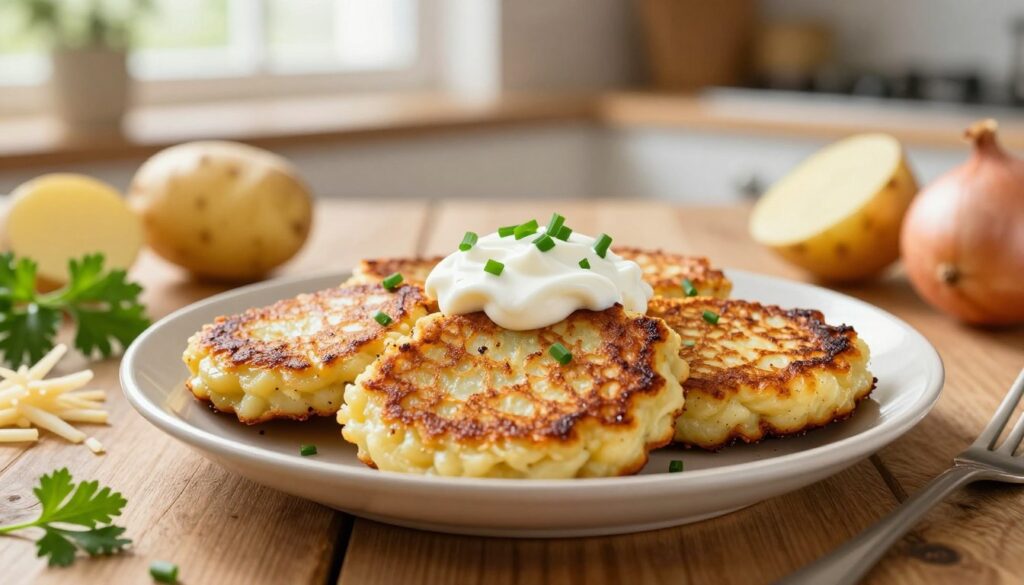 A beautifully plated serving of "placki ziemniaczane" (potato pancakes) sits on a rustic wooden table, with three golden-brown, crispy pancakes arranged in a fan shape. The pancakes are garnished with a dollop of sour cream and a sprinkle of fresh chives, adding a vibrant green contrast. Surrounding the dish are fresh ingredients such as finely grated potatoes, onions, and a hint of parsley. The background features a cozy, warmly lit kitchen with soft sunlight filtering through a window, casting a gentle glow on the scene. The mood is inviting and homey, showcasing a close-up view with a shallow depth of field to emphasize the delicious details of the pancakes while softly blurring the background.