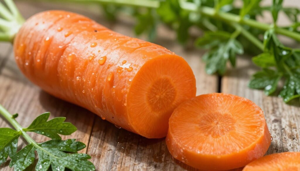 A close-up image focusing on a vibrant orange carrot, showcasing its textured skin glistening under natural sunlight. The carrot is partially sliced, revealing its rich, deep orange flesh, which indicates high beta-carotene content. Surrounding the carrot are fresh green leaves with dew drops, adding freshness and contrast. In the background, a soft-focus of a rustic wooden table enhances the natural, wholesome atmosphere. The lighting is warm and inviting, highlighting the carotene's vivid color while creating gentle shadows that emphasize the carrot's curves. The angle is slightly top-down, showcasing both the carrot and its surroundings harmoniously, evoking a sense of nutritious bounty ideal for a healthy diet.