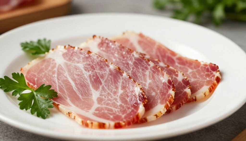 A close-up image of a perfectly arranged slice of ham on a clean, white plate. The ham should be glistening, showcasing its savory texture, with thin marbling visible between the meat layers. Surrounding the slice, a few green herbs like parsley or dill add a touch of color. In the background, there should be a softly blurred kitchen setting with warm, ambient lighting that gives an inviting atmosphere. The focus should be on the ham, emphasizing its deliciousness, while the background remains subtle to prevent distraction. Capture the scene from a slightly elevated angle, ensuring the slice is the focal point of the composition, enhancing the visual appeal.