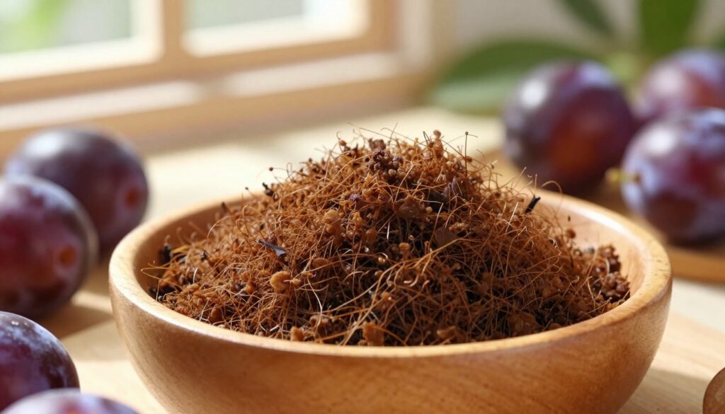 A close-up image of plum fiber, focusing on its granular texture and rich brown color, showcased in a wooden bowl with plump, ripe purple plums scattered around. The foreground features the bowl prominently, emphasizing the fiber's details. In the background, a soft-focus kitchen setting with natural light filtering in through a nearby window, casting warm shadows and highlighting the fresh fruits, creating a cozy, health-oriented atmosphere. Add hints of green foliage or herbs faintly visible in the background to symbolize natural health. The overall mood should be inviting and educational, capturing the essence of wholesome nutrition and digestive wellness. Bright daylight, shot from a slightly elevated angle to capture both the bowl and its surroundings beautifully.