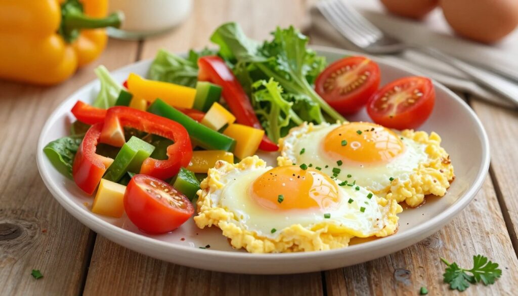 A close-up of a beautifully plated scrambled eggs dish featuring two fluffy eggs, nestled on a rustic wooden table. Surrounding the eggs are vibrant fresh vegetables, such as diced bell peppers, cherry tomatoes, and leafy greens, beautifully showcasing the vitamins and minerals they provide. In the background, a soft-focus kitchen setting with warm, natural lighting enhances the inviting atmosphere. A subtle hint of herbs, like parsley and chives, garnishes the plate, illustrating the health benefits of this meal. The image should evoke a sense of warmth, nourishment, and vitality, suitable for a health-conscious audience exploring the perks of including eggs in their diet. Capture this scene from a top-down angle to emphasize the colorful arrangement and textures of the ingredients.