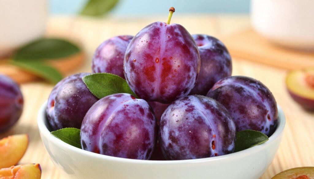 A close-up of a colorful bowl filled with fresh plums, showcasing their smooth, vibrant purple skin and juicy texture. Surround the bowl with natural elements, such as green leaves and small slices of plums to highlight their freshness. In the background, softly blurred, display a wooden table with a subtle kitchen setting, evoking a warm, inviting atmosphere. The lighting should be soft and natural, reminiscent of sunlight streaming through a window, casting gentle shadows that enhance the textures. The focus is on the plums and their relationship to blood sugar levels, capturing a sense of health and nutrition in the composition.