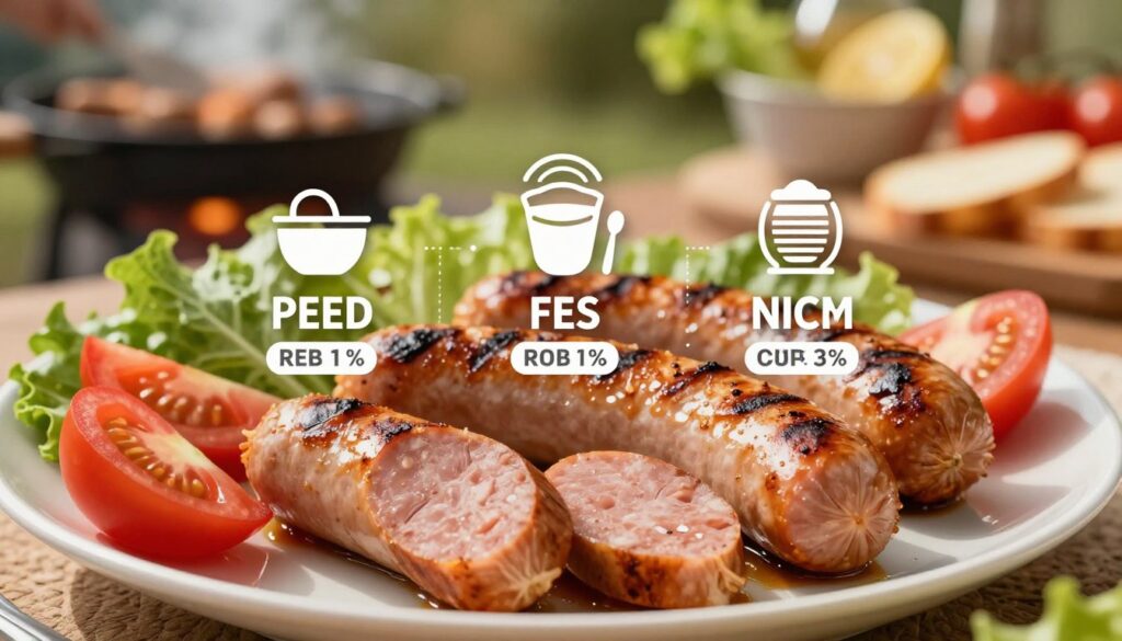 A close-up view of a detailed infographic representing the nutritional value of a grilled sausage, highlighting key macronutrients: protein, fats, carbohydrates, and micronutrients. The foreground features a beautifully arranged plate with a grilled sausage sliced to show texture, surrounded by fresh vegetables such as tomatoes and leafy greens. In the middle, bold graphics illustrate the nutritional breakdown using icons and numeric values, seamlessly integrated into the plate's aesthetic. The background is softly blurred, showing a festive outdoor cooking setting, creating a warm, inviting atmosphere. Use soft golden lighting to enhance the richness of the food. The angle is slightly above eye-level, offering a clear view of the plate while keeping the environment visible. The overall mood is informative yet appetizing, perfect for illustrating health and nutrition.