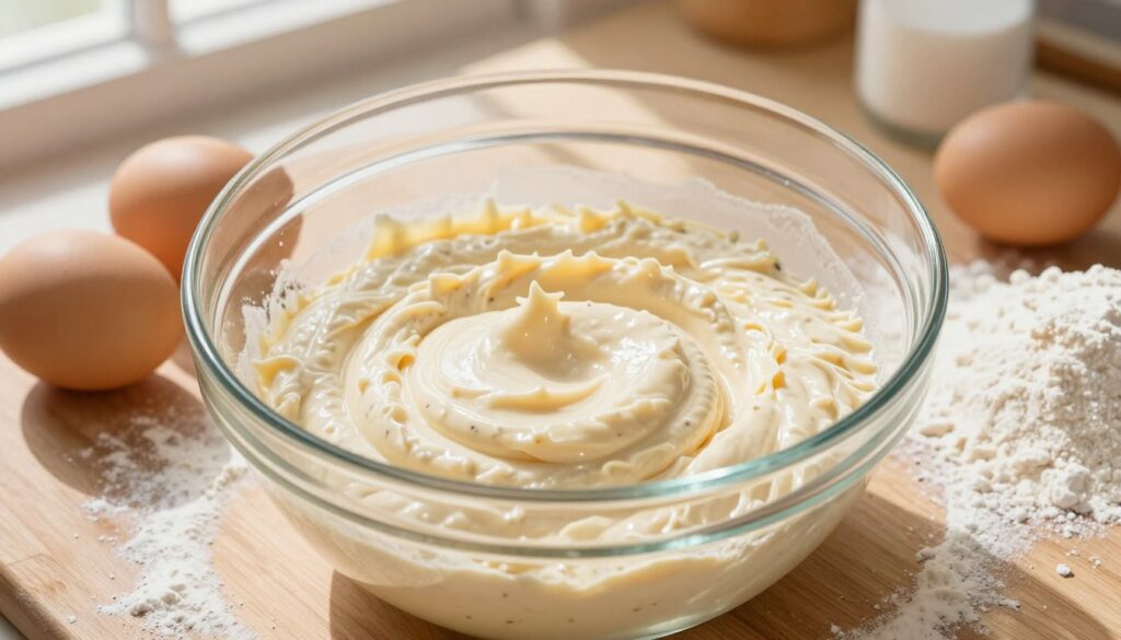 A close-up view of a light, creamy batter being prepared in a clear glass mixing bowl. The batter is fluffy and has a smooth texture, with visible vanilla bean specks shining against the bright background. Surrounding the bowl are three key ingredients: eggs, flour, and sugar, neatly arranged on a wooden countertop with a dusting of flour creating a rustic feel. In the background, soft focus of a warm kitchen with sunlight streaming through a window, casting gentle shadows. Use bright, natural lighting to enhance the freshness of the ingredients. Capture the inviting atmosphere of a home baking scene, evoking warmth and simplicity. No text or additional elements are present.