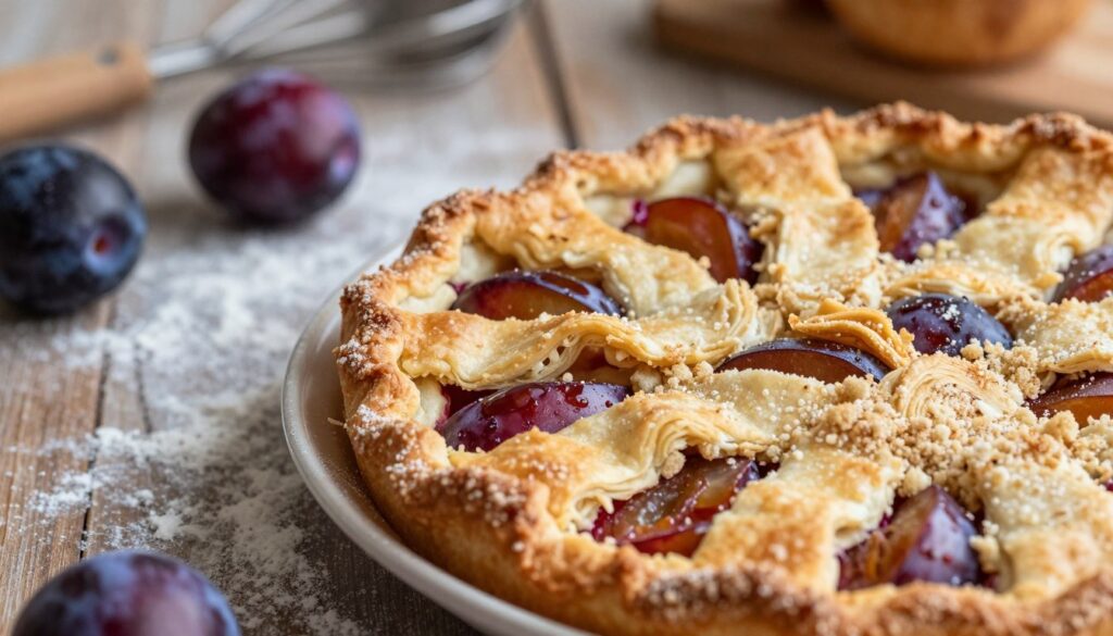 A close-up view of a perfect kruszonka, showcasing its crumbly texture resembling wet sand, spread generously over a freshly baked pie. The foreground features glistening chunks of ripe plums peeking through the golden-brown topping, suggesting warmth and deliciousness. In the middle ground, the pie plate rests on a rustic wooden table, adorned with a light dusting of flour and a few scattered plums. Soft, natural lighting bathes the scene, highlighting the flaky layers of the kruszonka and casting gentle shadows. The background suggests a cozy kitchen atmosphere with hints of baking utensils and a soft, blurred view of fresh ingredients. The mood is inviting and homely, evoking the comforting joy of baking and sharing desserts. Optimal angle captures the texture and details with a shallow depth of field, drawing the viewer's eye to the delectable topping.