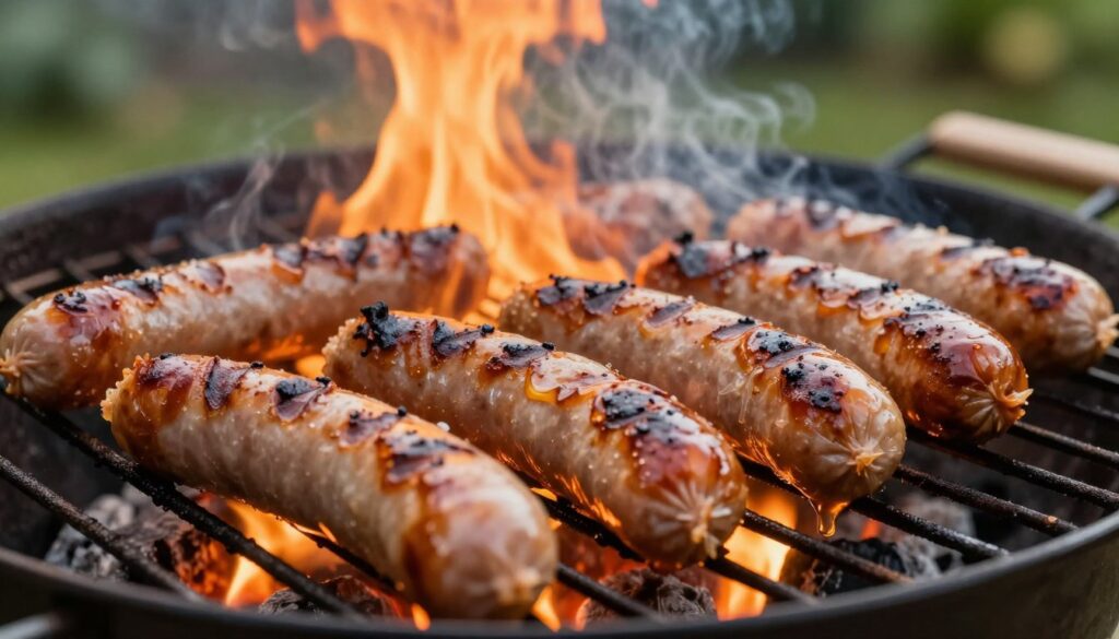 A close-up view of a sizzling grill filled with various types of grilled sausages, showcasing the process of fat melting and dripping onto the hot coals below. In the foreground, focus on the glistening sausages, with a rich, brown grill mark texture enhancing their appearance. In the middle, capture the vibrant orange flames licking at the edges of the grill, illuminating the scene with a warm, inviting glow. In the background, softly blurred greenery of a garden or backyard setting adds depth, creating a casual outdoor atmosphere. Use natural lighting to enhance the freshness of the sausages and the golden hue of the cooking fat. Capture the scene from a slightly elevated angle, providing an attractive perspective that emphasizes the natural grilling process, evoking a sense of summertime enjoyment.
