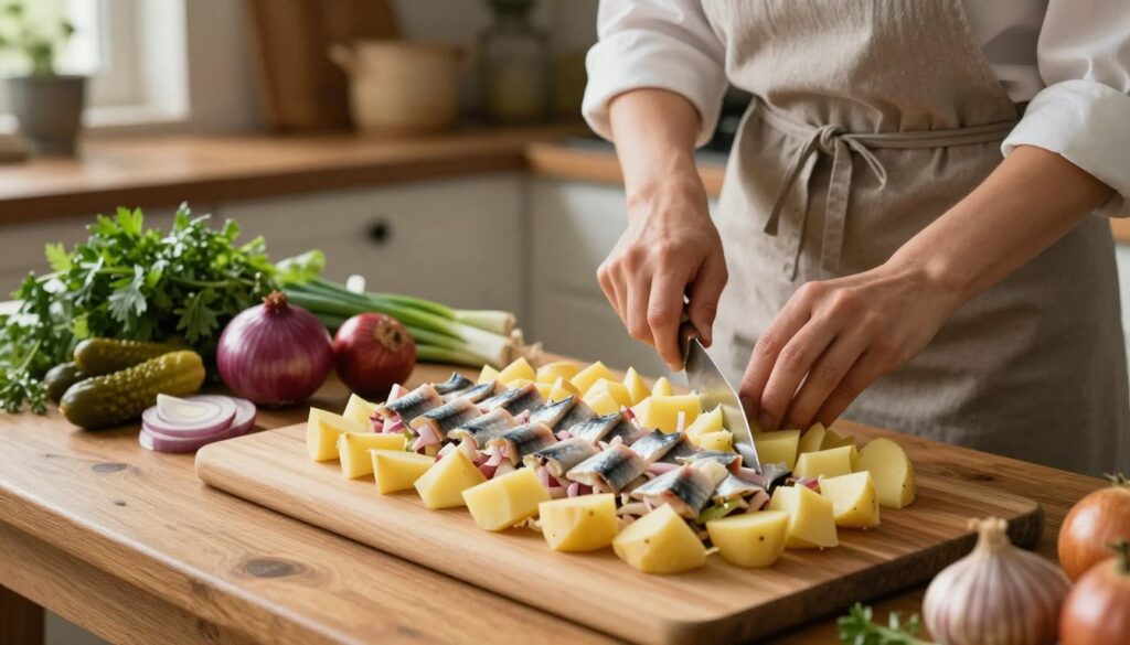 A cozy kitchen scene capturing the meticulous preparation of a traditional potato herring salad, inspired by the style of Magda Gessler. In the foreground, a wooden table is adorned with neatly chopped potatoes and herring arranged in vibrant layers. A female chef in a stylish, modest outfit is diligently slicing ingredients, concentrating on her task. The middle ground features a colorful array of fresh ingredients like onions, pickles, and herbs, all set against a backdrop of rustic kitchenware. Soft, warm lighting floods the scene, creating an inviting atmosphere filled with the aroma of home-cooked cuisine. The image is shot at a slightly elevated angle, emphasizing the chef's hands at work and the beautiful presentation of the dish, making the viewer feel as if they are part of the cooking process.