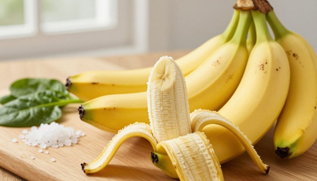 A detailed close-up of fresh, ripe bananas on a wooden table, emphasizing their vibrant yellow skin with a few speckled brown spots, indicating ripeness. In the foreground, a partially peeled banana reveals its creamy, soft flesh, symbolizing its rich potassium content. In the middle ground, a small pile of loose white salt and a few green leafy herbs like spinach can be seen, representing magnesium, creating a healthy context. In the background, soft natural light filters through a nearby window, casting gentle shadows and highlighting the textures on the bananas' surface. The overall mood is fresh and wholesome, conveying the nutritional benefits of bananas, particularly their role in managing blood pressure through potassium richness.