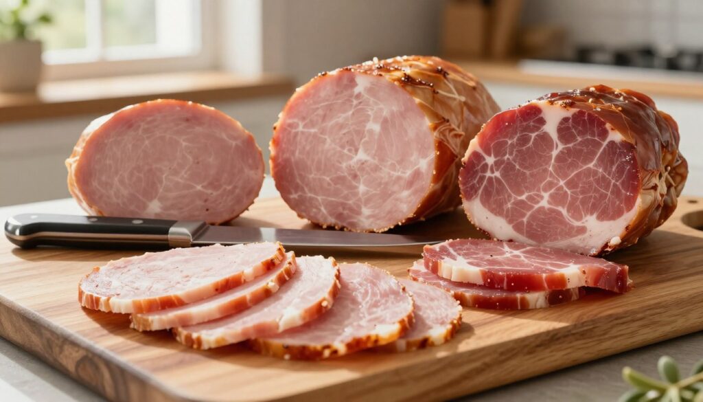 A detailed comparison of three types of ham featuring chicken ham, turkey ham, and pork ham arranged artfully on a wooden cutting board. In the foreground, slices of each ham are neatly presented in labeled sections, showcasing their textures and colors—light pink for chicken, a slightly darker shade for turkey, and rich red for pork. The middle layer features an elegant knife placed beside the hams, hinting at preparation. The background is softly blurred, indicating a cozy kitchen ambiance with warm, natural lighting filtering through a nearby window. The atmosphere should convey a sense of gourmet sophistication and health-conscious awareness, ideal for an informative culinary article.