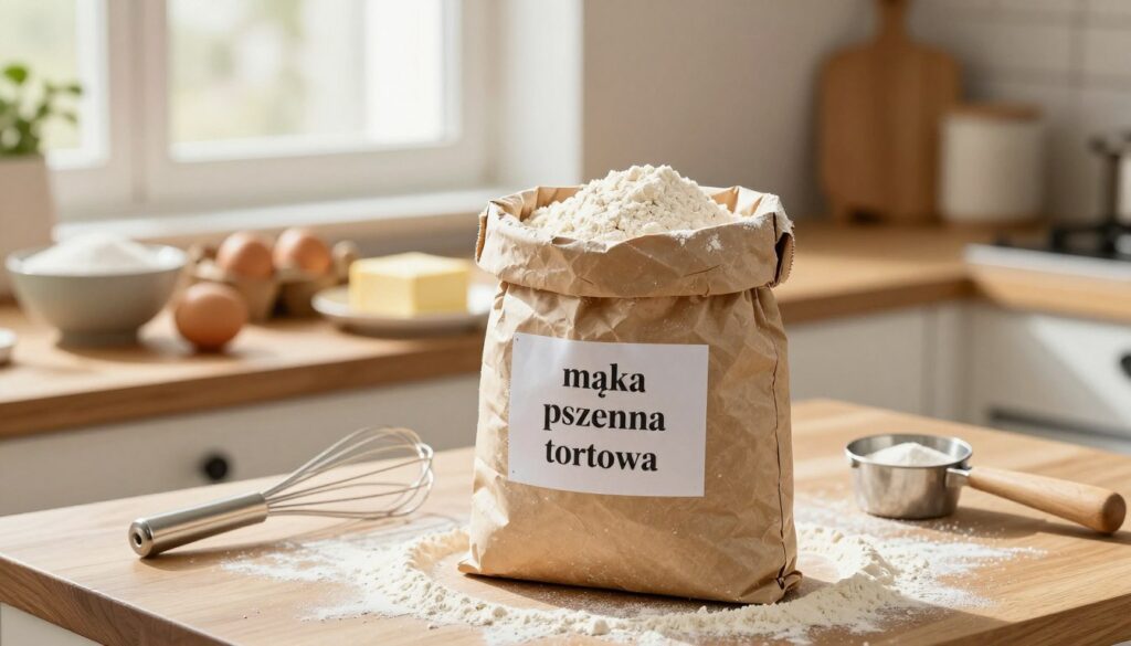 A soft, inviting kitchen scene featuring a beautifully packaged sack of high-quality "mąka pszenna tortowa" (fine cake flour) prominently placed in the foreground. The sack is made of crinkled brown paper with a clear label showcasing the flour type. Surrounding the sack are scattered flour dust and a few kitchen tools like measuring cups and a whisk. In the middle background, a wooden countertop holds fresh ingredients—eggs, butter, and sugar—in rustic bowls, evoking a warm, homey atmosphere. Natural light streams in from a nearby window, casting a gentle glow over the scene, highlighting the textures of the flour and ingredients. The overall mood is cozy and inviting, perfect for inspiring home bakers.