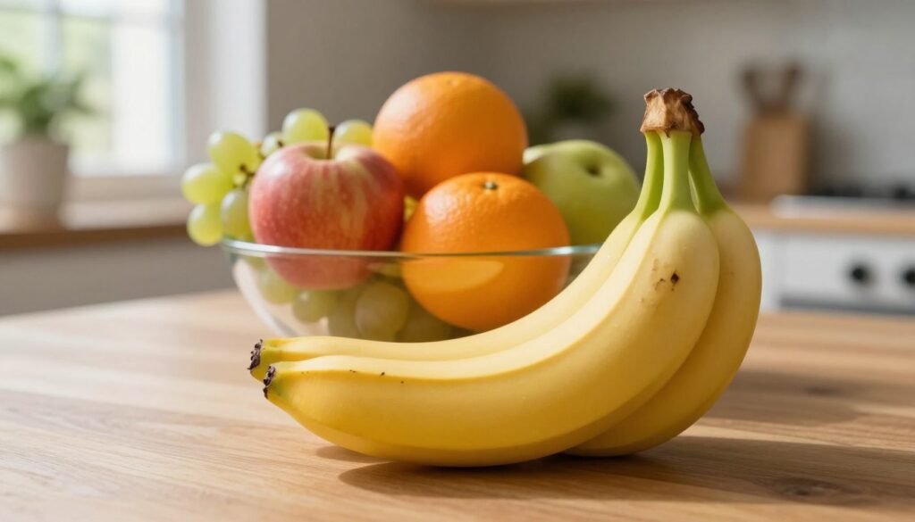A vibrant, fresh banana prominently placed in the foreground, resting on a wooden kitchen table, with light reflecting off its smooth yellow surface. In the middle ground, a gleaming bowl filled with assorted fruits, including apples, oranges, and grapes, suggests a healthy diet. Soft, natural lighting filters through a nearby window, creating a warm and inviting atmosphere. In the background, a blur of green plants enhances the sense of vitality and wellness. The scene is composed with a shallow depth of field, emphasizing the banana while keeping the surrounding elements slightly out of focus. The overall mood is uplifting and energetic, perfect for illustrating the role of bananas in a balanced diet focused on weight loss, fitness, and daily nutrition choices.