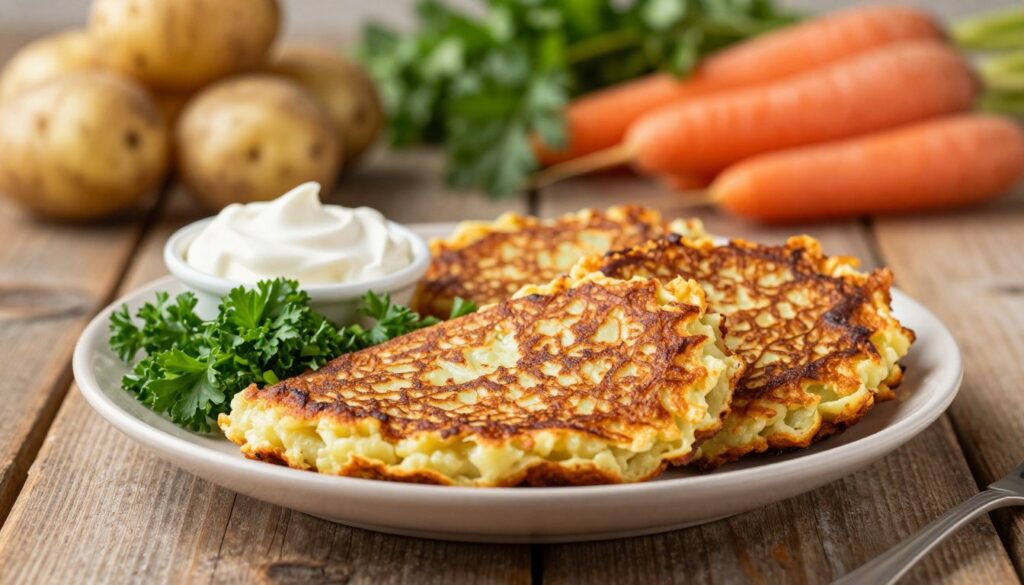 A visually appealing arrangement of a potato pancake on a rustic wooden table, showcasing its golden-brown crust and slight crispiness. A small plate of freshly chopped parsley and a dollop of sour cream placed beside the pancake, highlighting the dish's texture and color contrast. In the background, softly blurred, features a healthy fruits and vegetable spread, including potatoes, carrots, and herbs, reinforcing the nutritious theme. Soft, warm lighting enhances the inviting atmosphere, with a shallow depth of field that softly focuses on the pancake while blurring the background. The overall mood is warm and homely, evoking a sense of comfort and healthfulness.