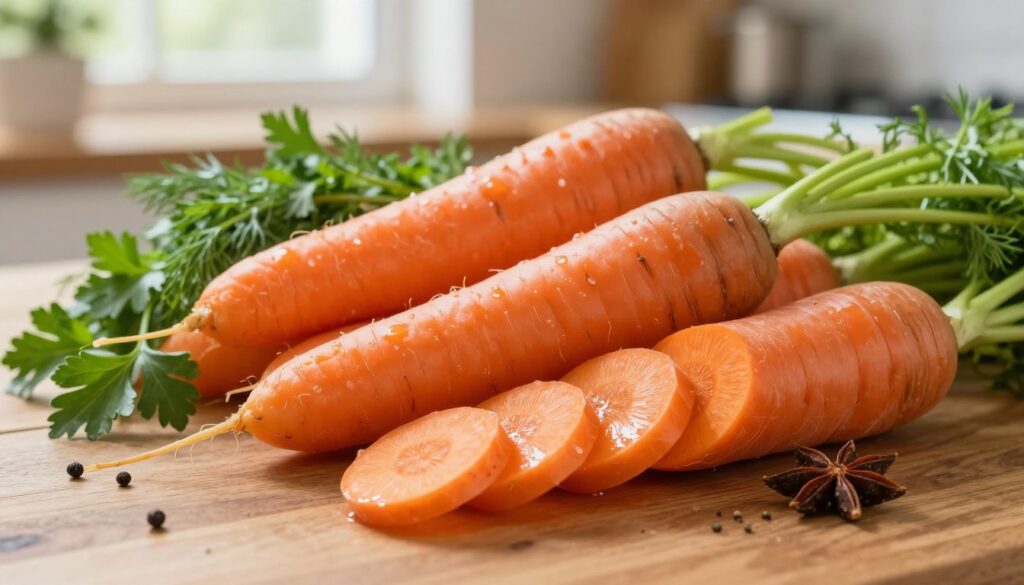 A visually striking arrangement of vibrant orange carrots, freshly harvested and arranged on a wooden table. In the foreground, highlight a few sliced carrots revealing their glossy interior, showcasing the rich, earthy textures. In the middle ground, a variety of spices and herbs such as parsley and dill complement the carrots, emphasizing their nutritional benefits. The background features a softly blurred kitchen setting with natural light streaming through a window, creating a warm and inviting atmosphere. Use a shallow depth of field to focus on the carrots and spices while gently fading the background. Aim for a bright, cheerful mood that conveys health and vitality, ideal for representing the vitamins in carrots and their significance for health.
